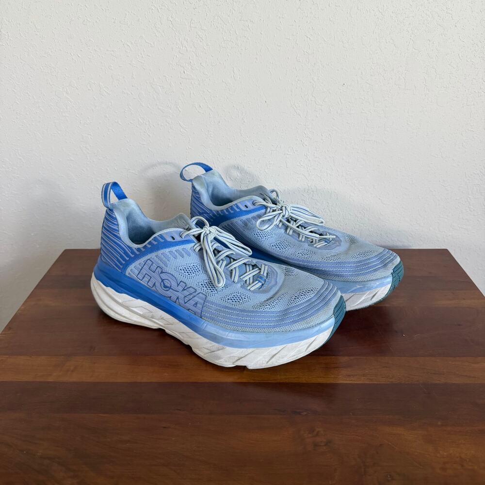 Hoka One One Bondi 6 Light Blue White Lace Up Running Shoe EVA Midsole Women 9.5